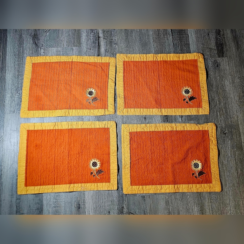 1970s Sunflower Embroidered Orange Cotton Indian Placemats